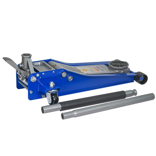 Hydraulic Floor Jack with Foot Pedal, Heavy Duty Steel Low Profile Service Jack, Dual Piston Quick Lift Pump, CE Certified, 3T w/Foot Pedal with Extra Saddle, Mainly Blue
