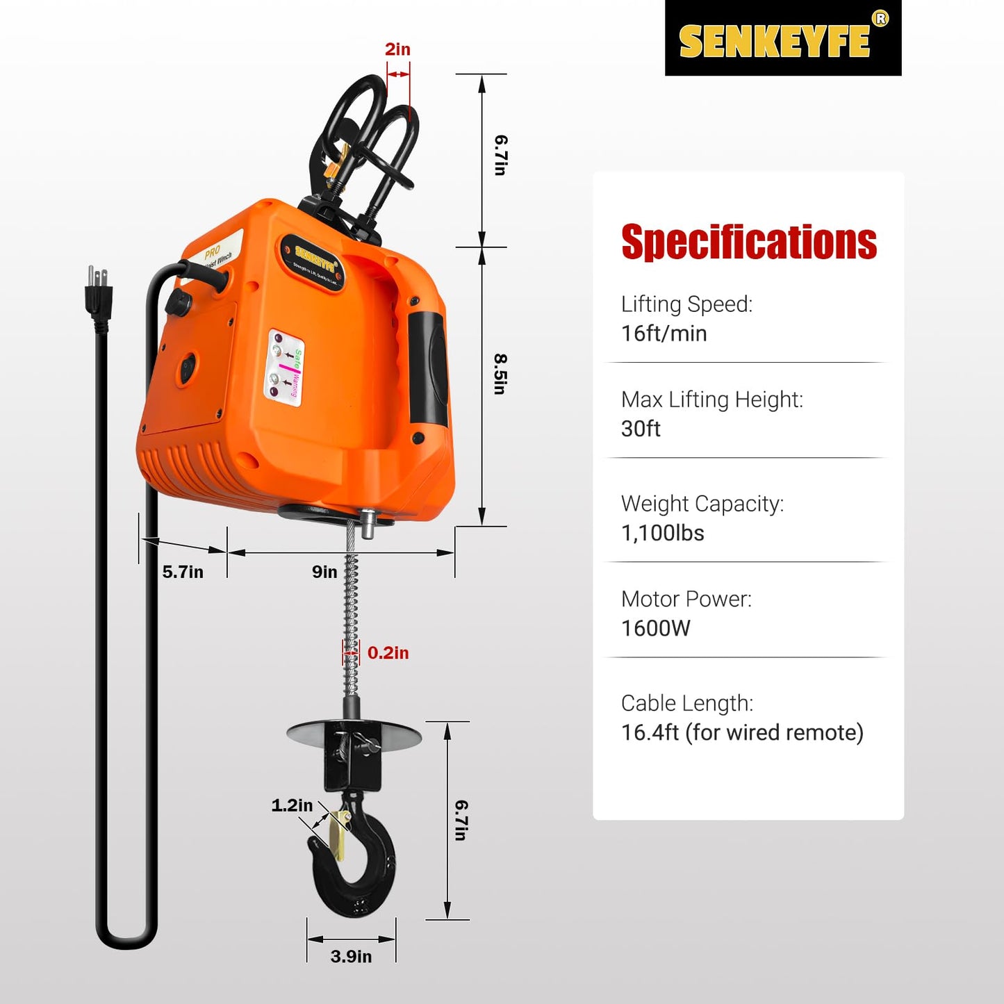 SENKEYFE PRO Power Electric Portable Hoist Winch, 30FT Electric Cable Hoist 1100LBS 1600W 110V/120V with 2 Wireless Remote Control Lifting Strap, Electric Hoist Lift Ceiling Winch for Lifting Towing