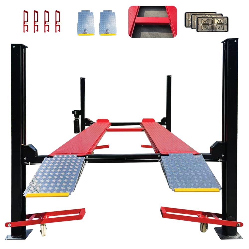 AUTOKATO KT-4H950 110V 3.0HP Four Post Lift Car Truck Parking Hoist Aluminum Plate with Casters and 9500Lbs Lifting Capacity，Max Lifting Height 84.5 Inch Extra Wide 113 Inch