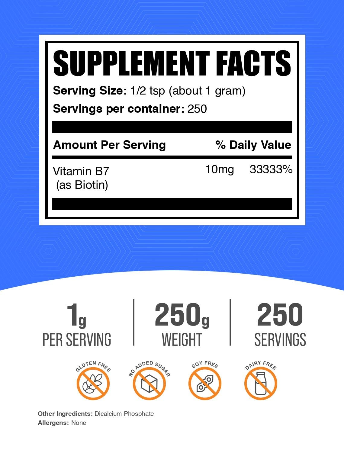 BulkSupplements.com Biotin 10000mcg Powder - Vitamin B7, Vitamins for Hair, Skin, and Nails - Gluten Free, 1g per Serving (10mg Biotin), 250g (8.8 oz) (Pack of 1)