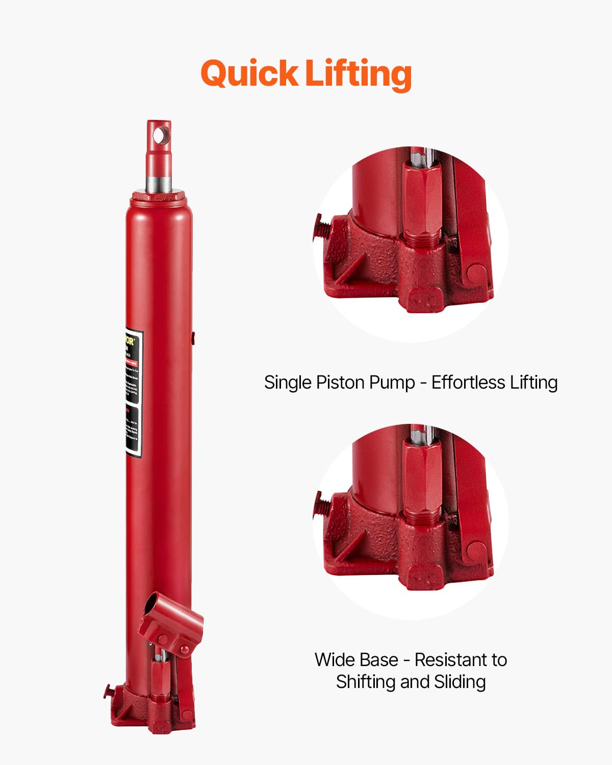 VEVOR 4 Ton Hydraulic Long Ram Jack, Cherry Picker Ram with Single Piston Pump, Manual Engine Hoist Cylinder with Handle and Flat Base, for Garage & Engine Lifting, Red