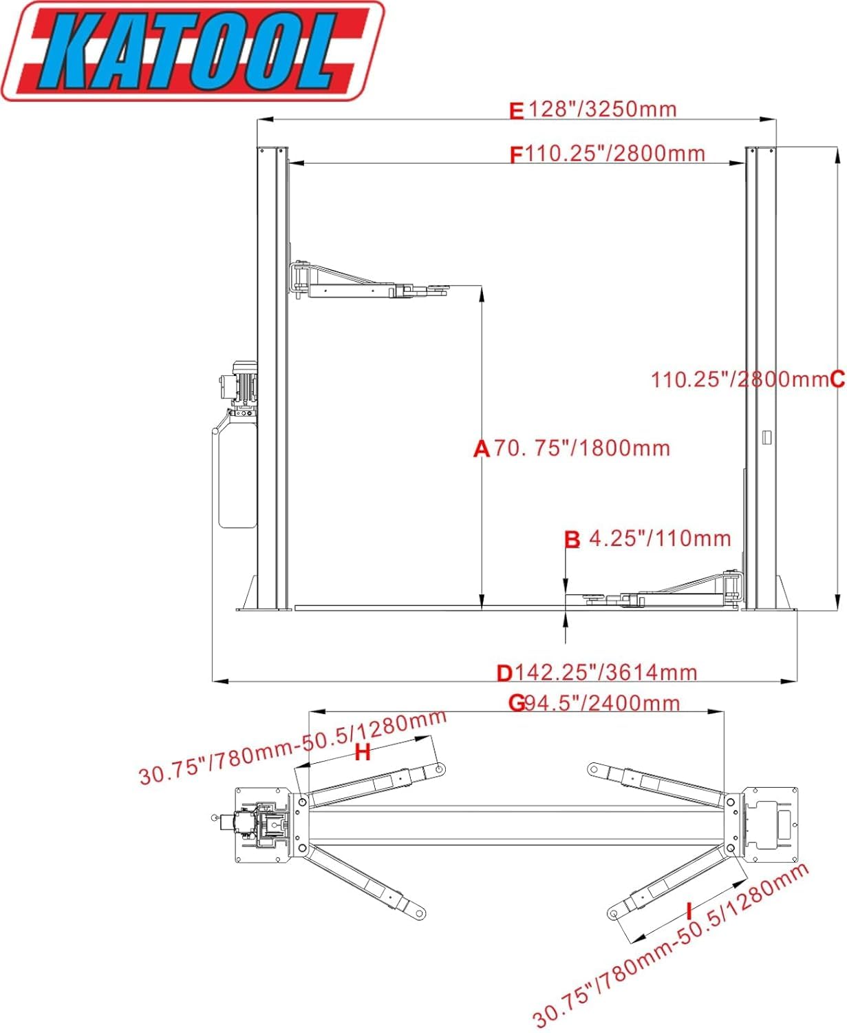 KT-H100 2 Post Lift 10,000 lb Capacity 220V Double S Design Two Post Lift for Cars and Trucks (KT-H100Y)
