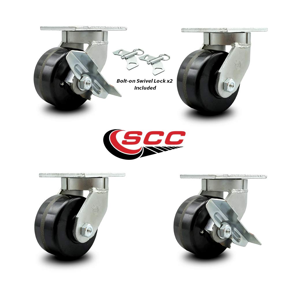 Extra Heavy Duty 6” x 3” Phenolic Swivel Caster Set for Cranes, Gantries, Hoists, and Winches – 2 with Swivel Locks and 2 with Side Lock Brakes - 2,000 lbs Per Caster – Set of 4 -Service Caster Brand