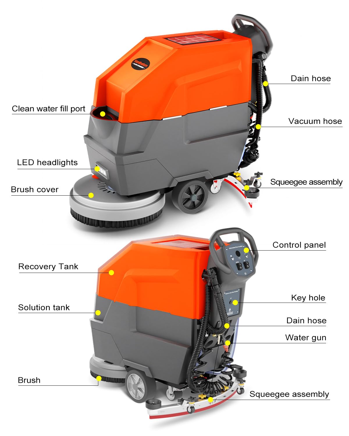 HANTINSTOM Walk Behind Commercial Floor Scrubber with 20" Ultra-Wide Scrubbing Path,High-pressure Watergun，LED Light，14.5 Gal Large Solution Tank,4 Hours Cordless Working Time,23,700 Sqft/h