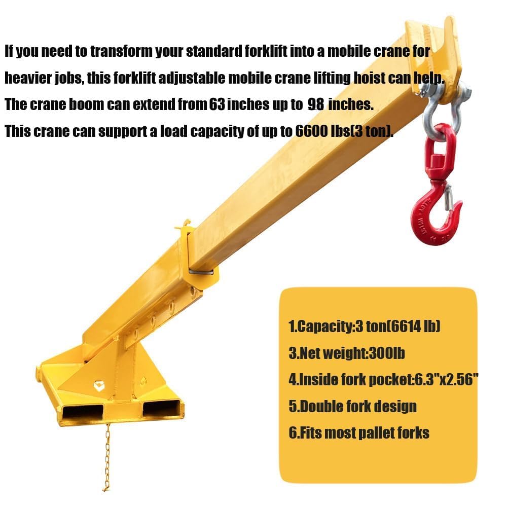 BREVELTION 6600LB Forklift Mobile Boom Crane, Telescopic Lifting Hook, Forklift Extension Attachments Jib Hoist Crane, with Telescopic Boom 63-98in, for Towing Material Handling