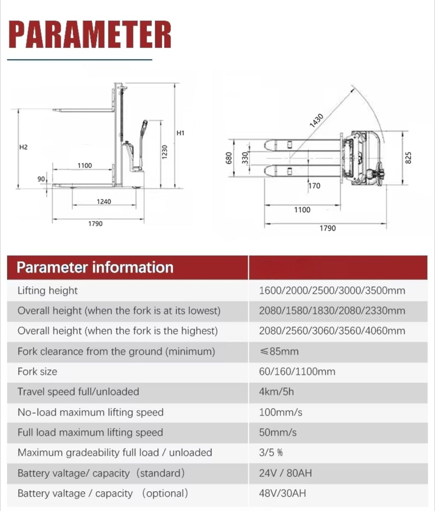 1.5–2 Ton Full Electric Pallet Stacker, Walk-Behind Lift Truck for Warehouse Material Handling
