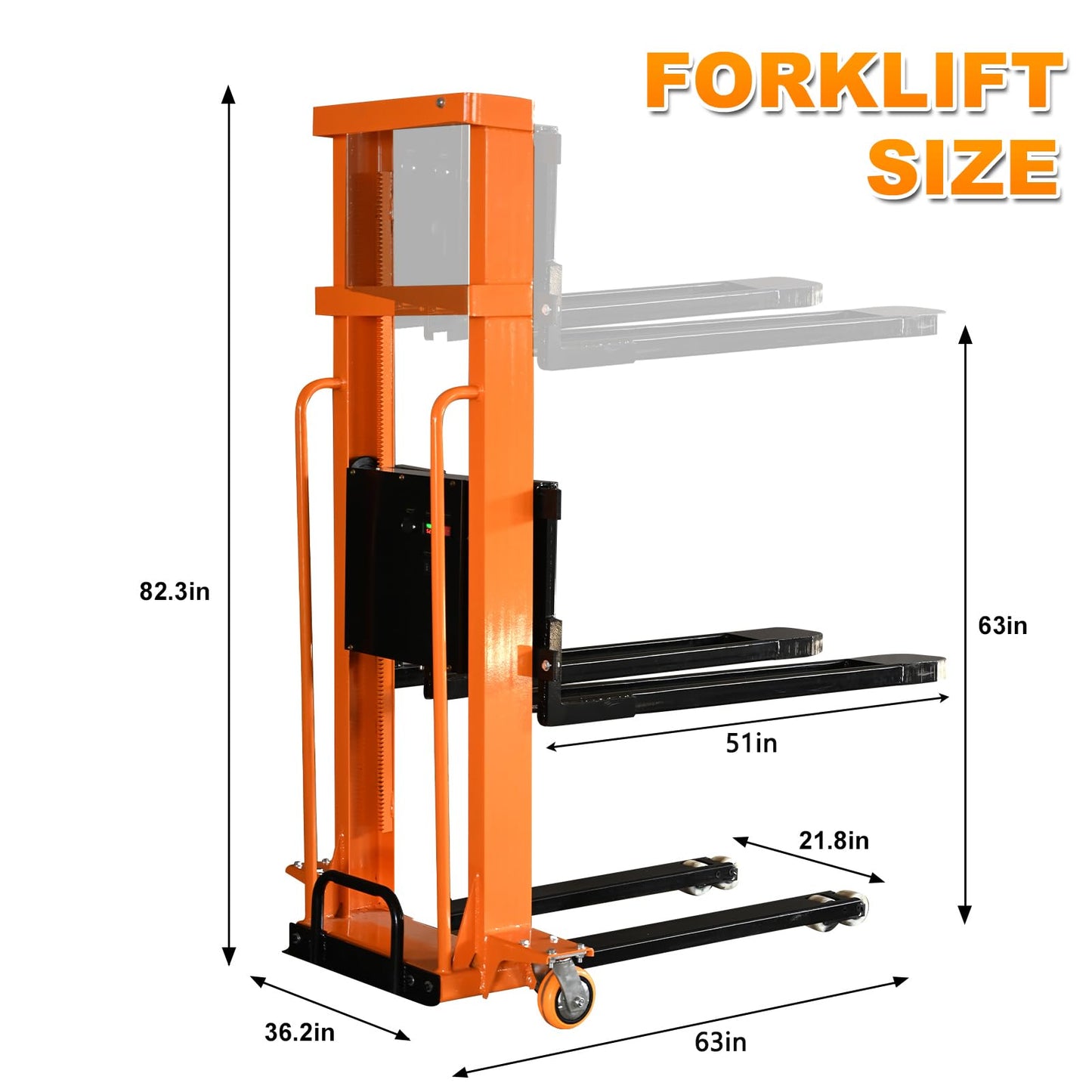 Electric Pallet Stacker 1300lbs Capacity 63 Inch Lift Height, Truck-Boardable Material Lift with Fixed Legs, Electric Forklift for Warehouses & Logistics (63" Lifting)