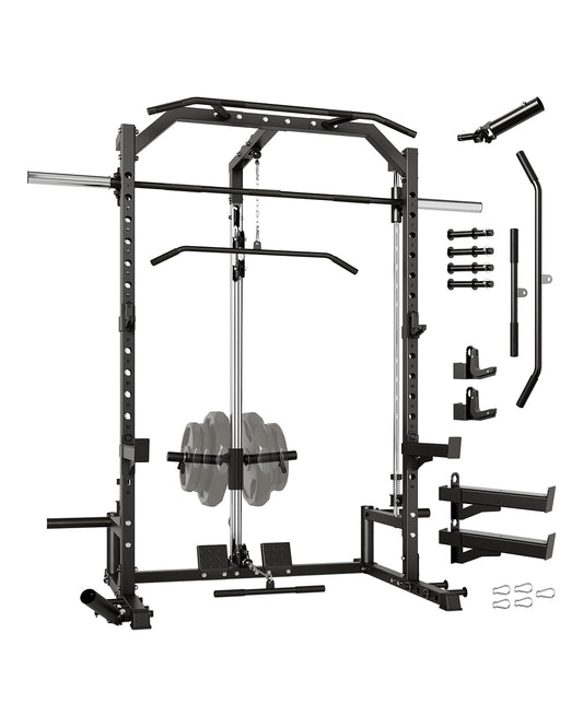 Garvee Smith Machine Home Gym with LAT-Pull Down System, Landmine, Barbell Bar, Safety Spotter Arms, J Hooks, Plate Storage Pegs and More Training Attachments, Squat Rack for Full Body Training