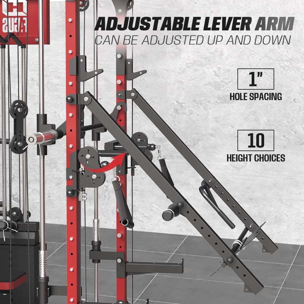 smithmachine with smithbar, Home Gym Station with Dual Weight Stacks, 4000LBS Power Cage Squat Rack with Lever Arm, Leg Press, LAT Pull Down, Cable Crossover Machine for Full Body Training, Red