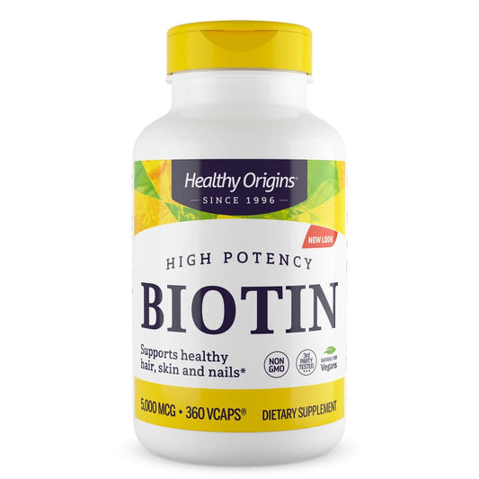 Healthy Origins Biotin 5,000 mcg (5 mg), 360 Veggie Capsules - High Potency USP Grade Vitamin B7 Supplement - Supports Healthy Hair Growth, Strong Nails & Glowing Skin - Non-GMO, Vegan & Gluten-Free