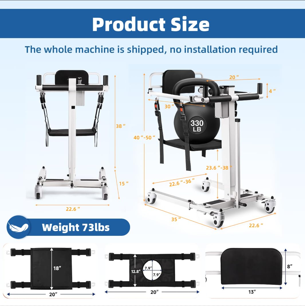 Electric Patient Lift Transfer Chair for Home Use, Portable Lift Transfer Chair for Elderly & Disabled, 330 lbs Capacity, Adjustable Height & Width, Foldable Electric Transfer Lift for Bed, Sofa & Car