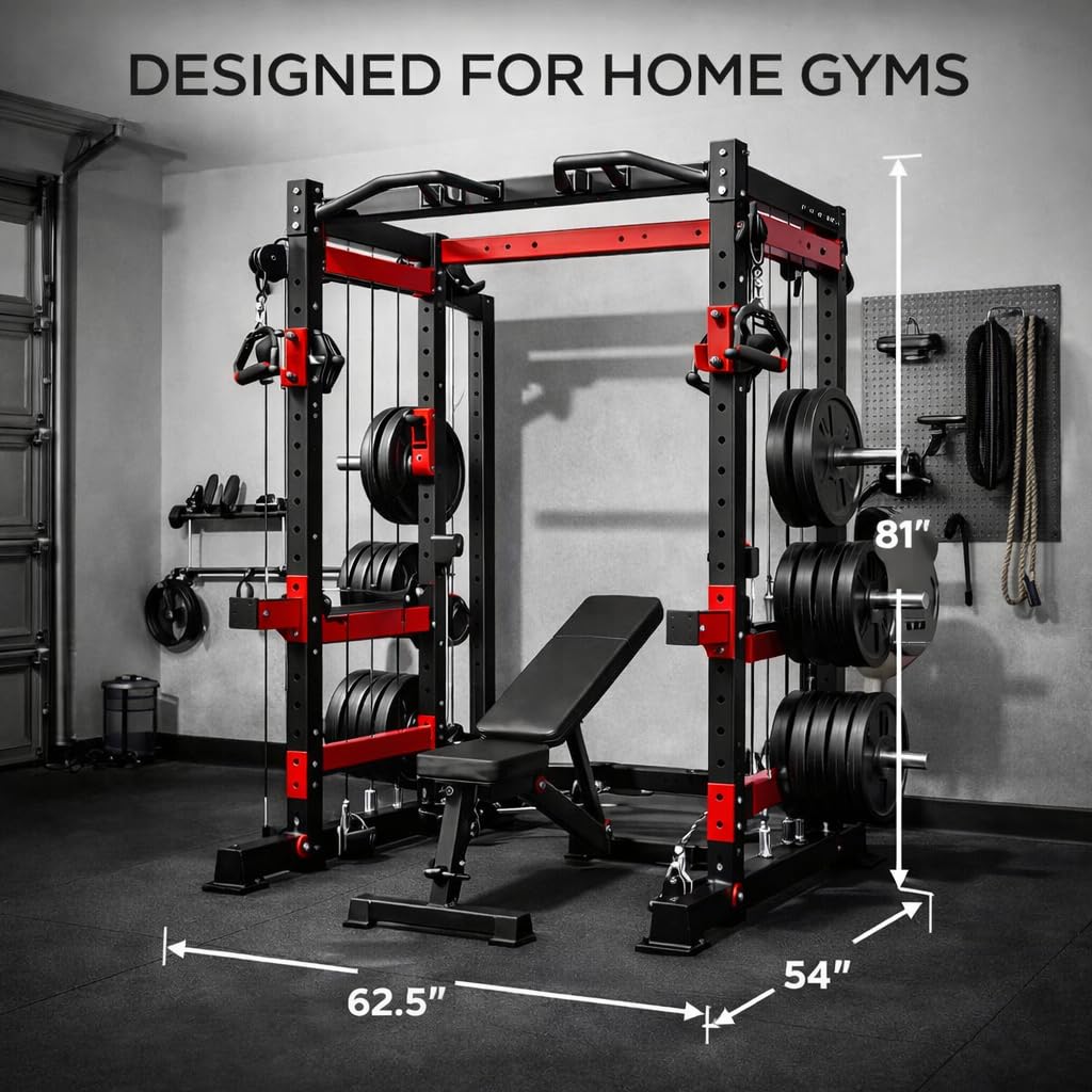 Ckajuoau Smith Machine Black and Red, 3500 lbs Capacity, Alloy Steel and Aluminum, 68" W x 65" D x 90" H, Dual 176 lb Weight Stacks with Cable Crossover