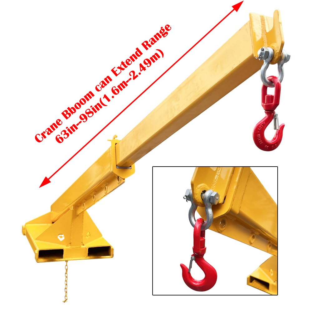 INTBUYING 3-Ton Forklift Jib Boom Crane, Telescopic Forklift Hook Attachment with Dual-Fork Design, 63-98in Adjustable Boom, Carbon Steel Truss Hoist Jib Booms for Lifting, Towing & Material Handling