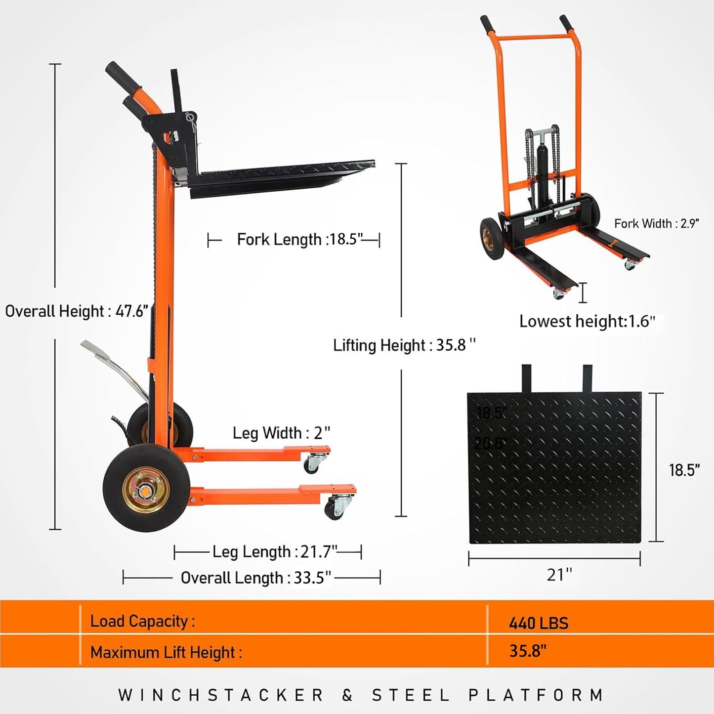 Material Lift Hydraulic Stacker, 440 lbs Capacity Hydraulic Table Cart, 35.8" Lifting Height Manual Forklift Stacker, Pallet Jack Truck Dolly with Swivel Casters and Lift Plate (Yellow)