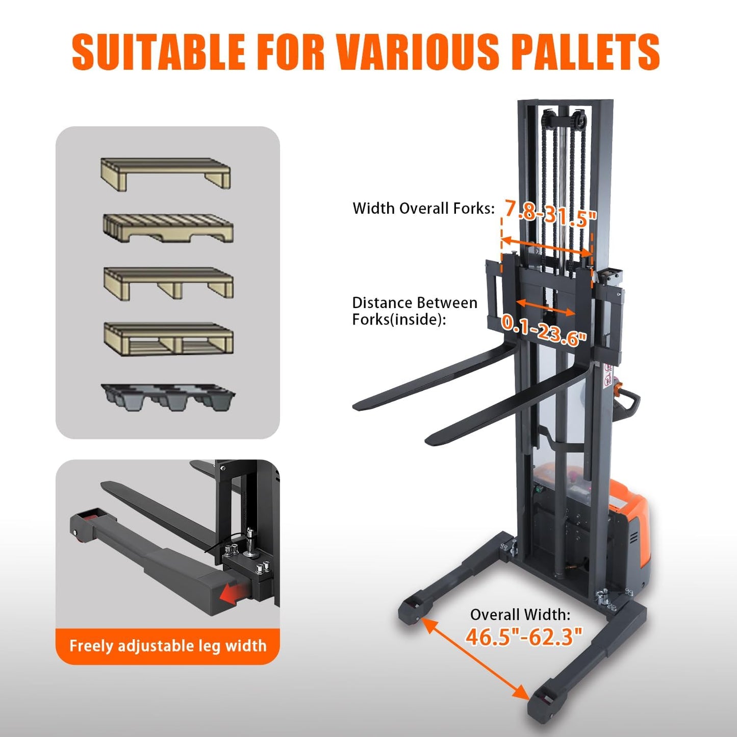Tory Carrier Full Electric Pallet Stacker, Powered Forklift 3300 lbs Capacity, 130 inch Max. Lifting Height, Straddle Legs & Forks Material Lifts, Gel Battery Pallet Lift for Narrow Spaces