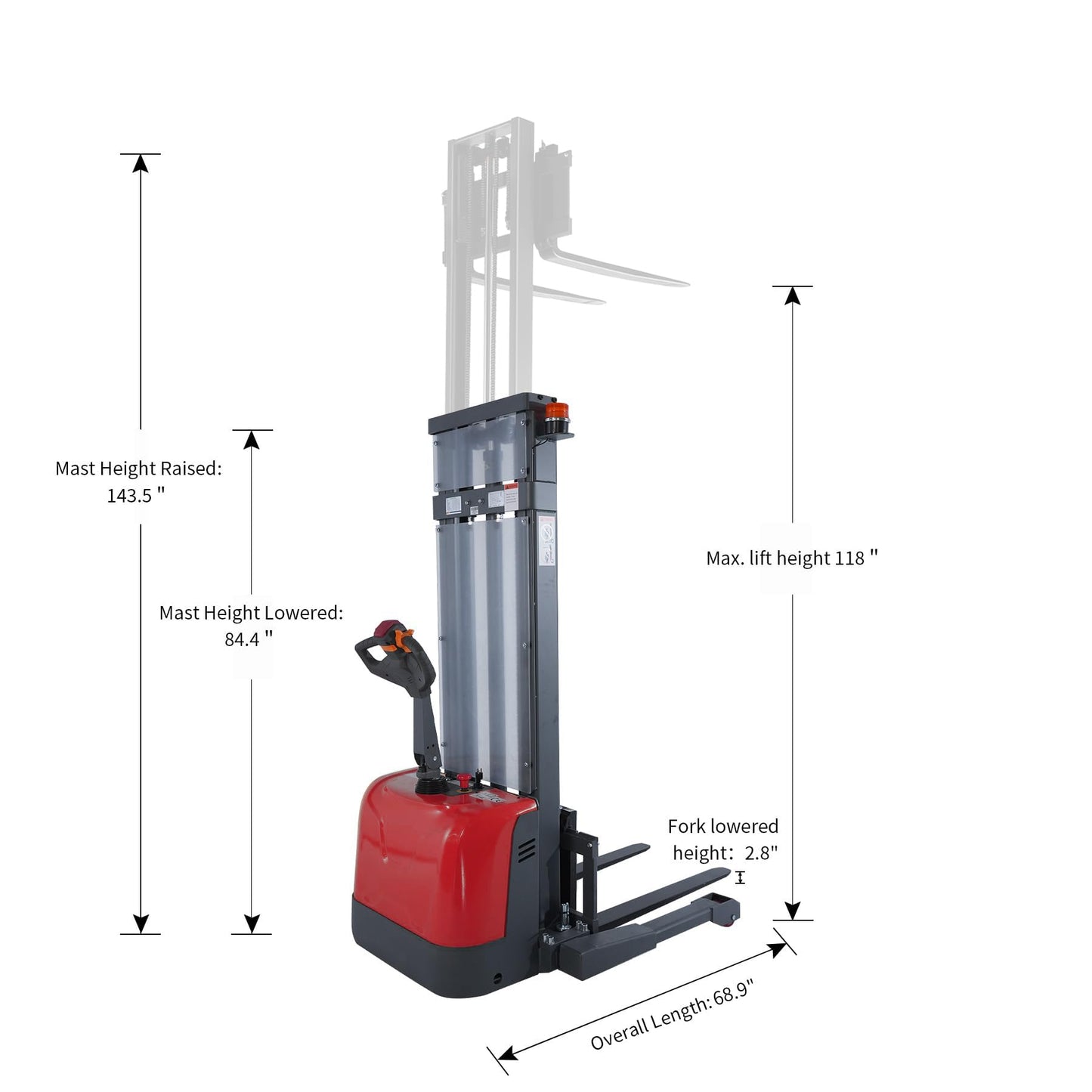 Tory Carrier Full Electric Pallet Stacker, Pallet Forklift, 3300 lbs Capacity, 118" Height Material Lifts, Straddle Legs & Forks Lift, Upgraded Maintenance-Free Gel Battery for Narrow Spaces(Red)