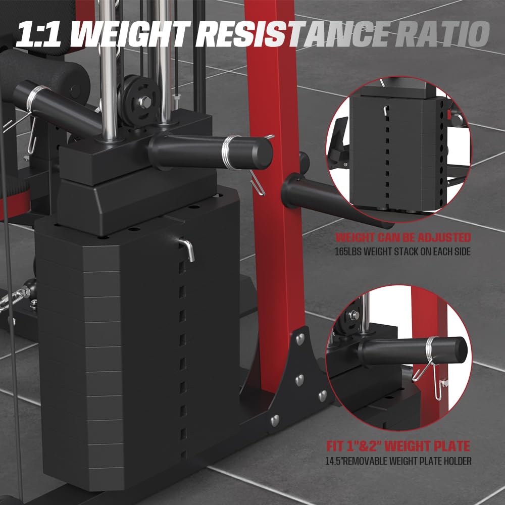 smithmachine with smithbar, Home Gym Station with Dual Weight Stacks, 4000LBS Power Cage Squat Rack with Lever Arm, Leg Press, LAT Pull Down, Cable Crossover Machine for Full Body Training, Red