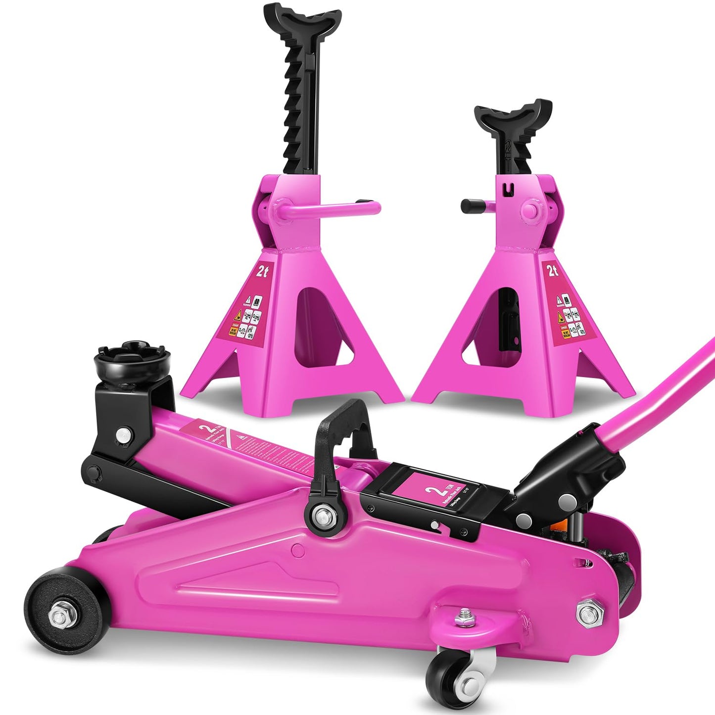 PM PERFORMOTOR Low Profile Hydraulic Trolley Service/Floor Jack Combo with 2 Ratchet Jack Stands, 2 Ton (4000 lbs) Capacity, Purple, PM-TOL-FJ3P-PR