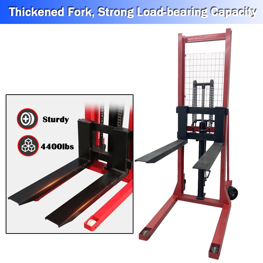 EQCOTWEA Manual Hydraulic Pallet Truck 4400 LBS(2 Ton) Manual Hydraulic Stacker 63" Lift Height Adjustable Forks Hand Pallet Truck for Single Sided Pallets to Lifting, Hoisting and Material Handling