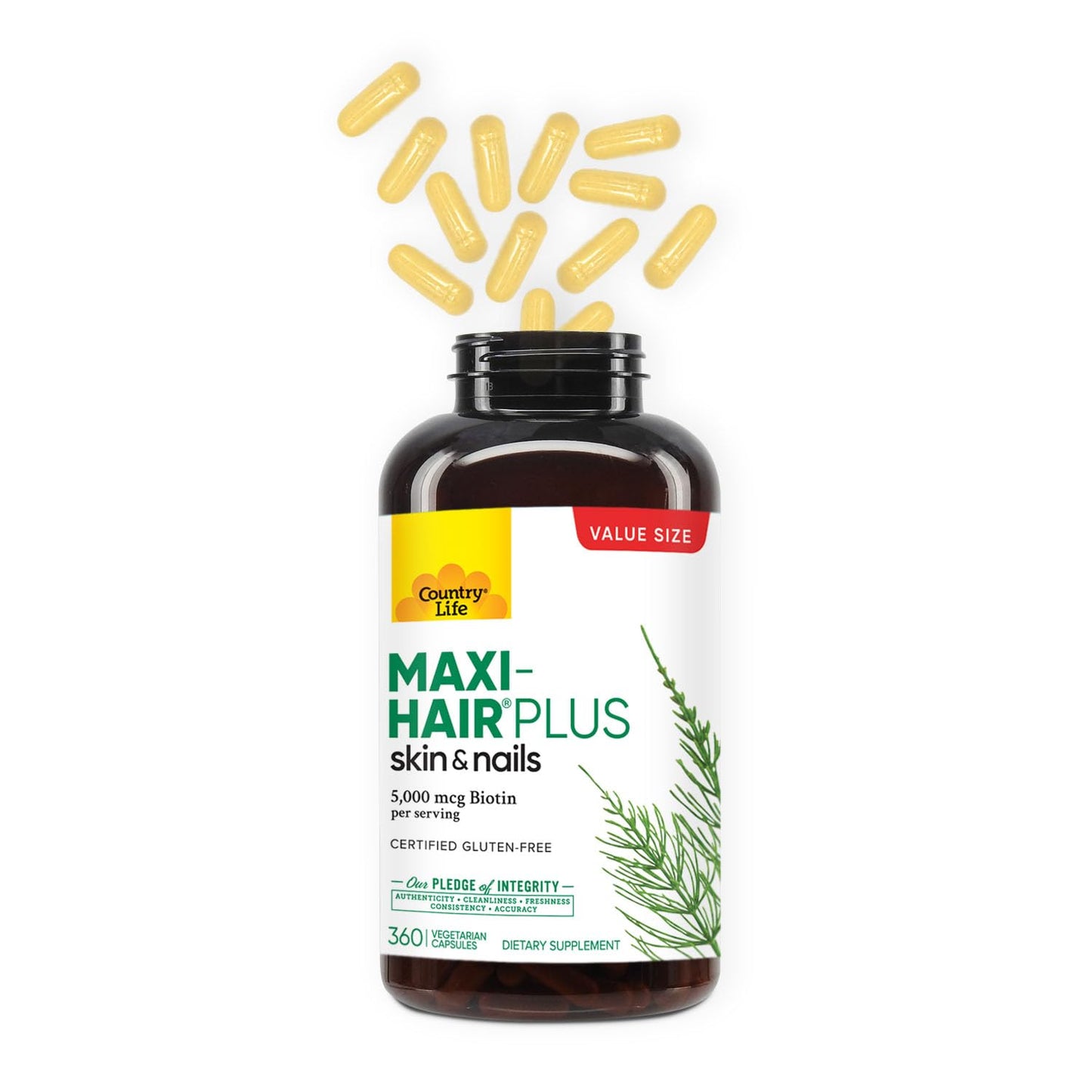 Country Life Maxi-Hair Plus 5000 mcg Biotin, 360 Capsules, Certified Gluten Free, Certified Vegetarian