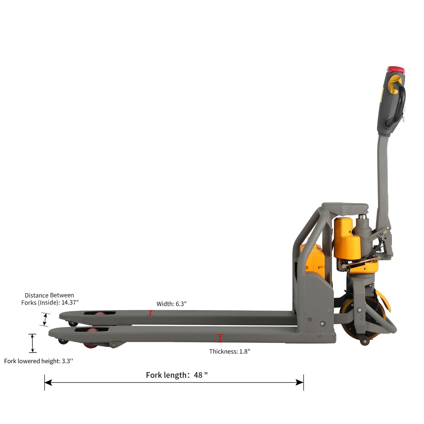 Tory Carrier Full Electric Pallet Jack, 3300lbs Capacity, 48 × 27 Forks, 48V/20Ah Li-ion Battery and Maintainance Free Motor, Controlled Descent Pallet Truck for Warehouse, Retail & Delivery, Yellow