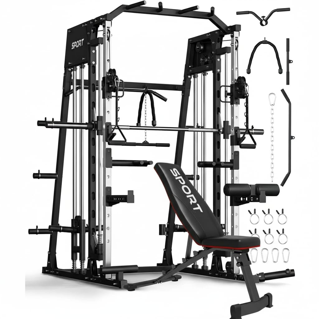 Smith Machines Home Gym with Bench,Squat Rack with Weight Bar, Dual LAT Pull-Down Systems & Cable Crossover Machine for Full-Body Workouts Training