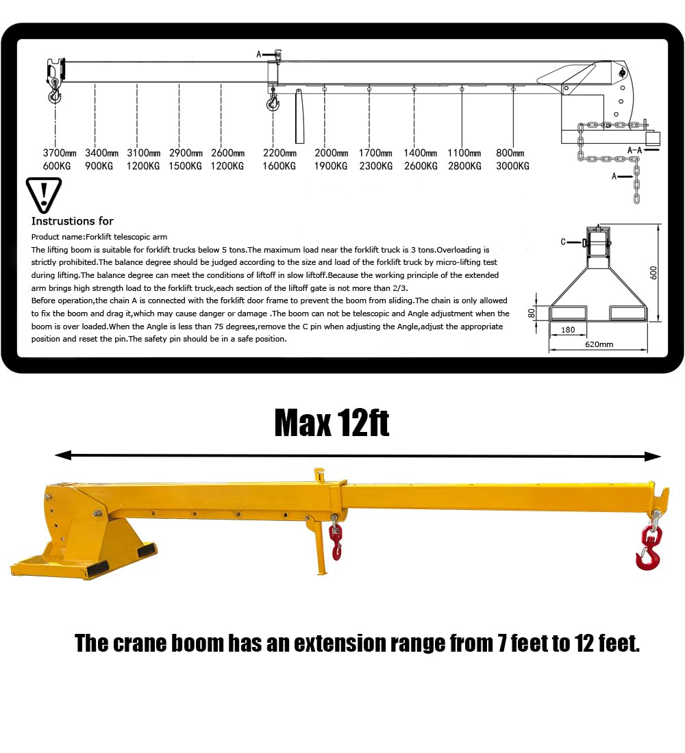 EQCOTWEA 3-Ton Forklift Jib Boom Crane Attachment, Adjustable 0-75° Tilt Angle Forklift Telescopic Arm, 7-12ft Telescopic Arm, 2 Hooks, Compatible with Forklifts & Material Handling Equipment