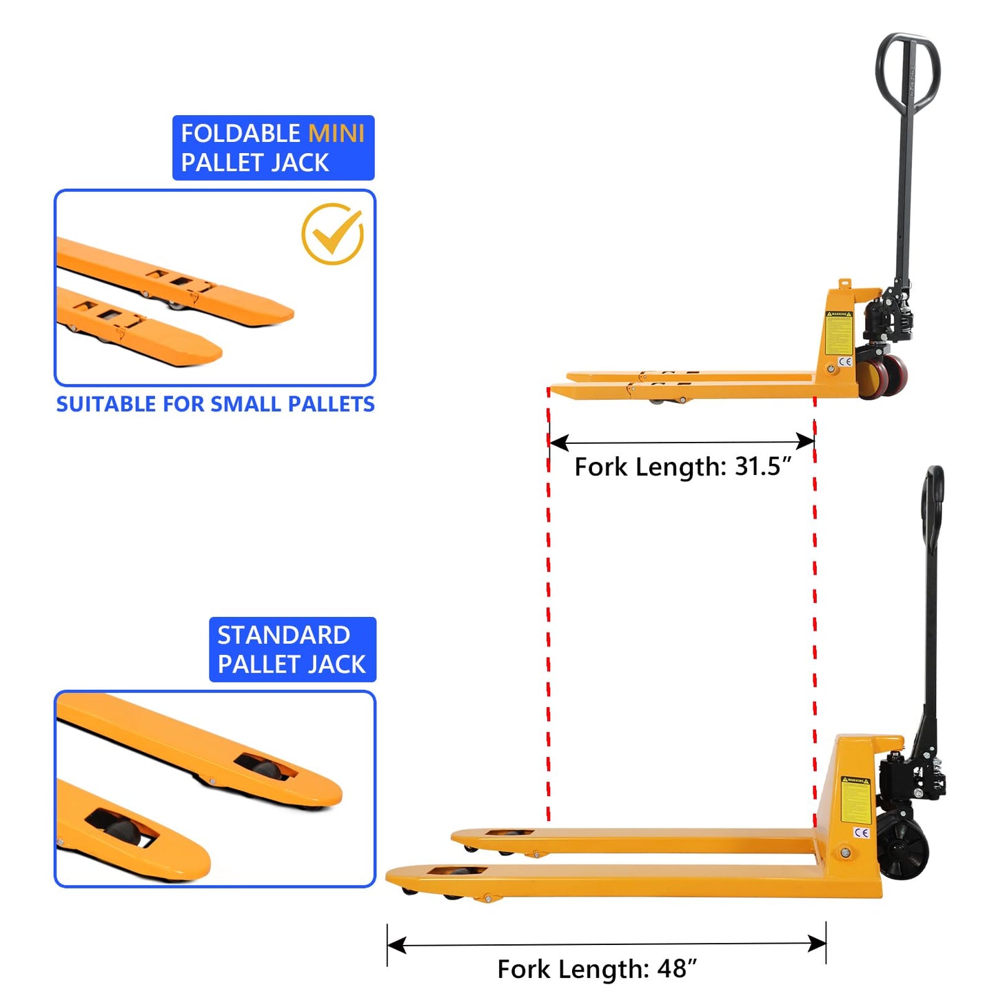 Apollo Foldable Pallet Truck, Narrow Pallet Jack, Mini Size Foldable Forks and Handle 2200Lbs Capacity 31.5" x 15" Forks, 15” Overall Width for Easy Storage