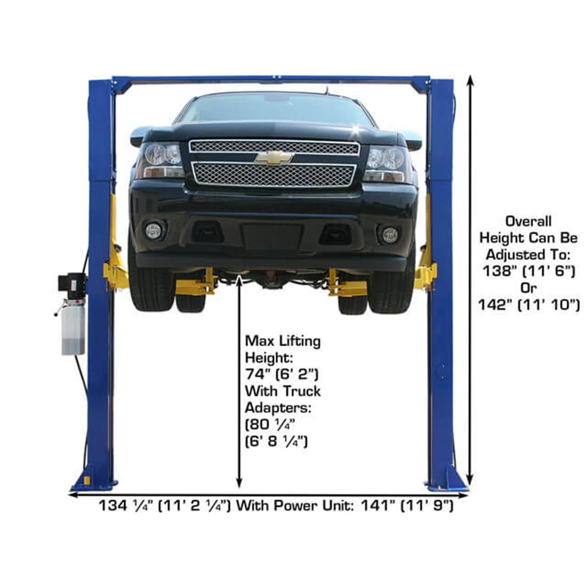Atlas Automotive Equipment 9KOHX 2-Post Vehicle Lift, Overhead Hoist, 12' Minimum Ceiling Height, Clear Floor Design, 9,000lb Capacity, Dual-Point Lock Release, Dual Hydraulic Chain Drive Cylinders