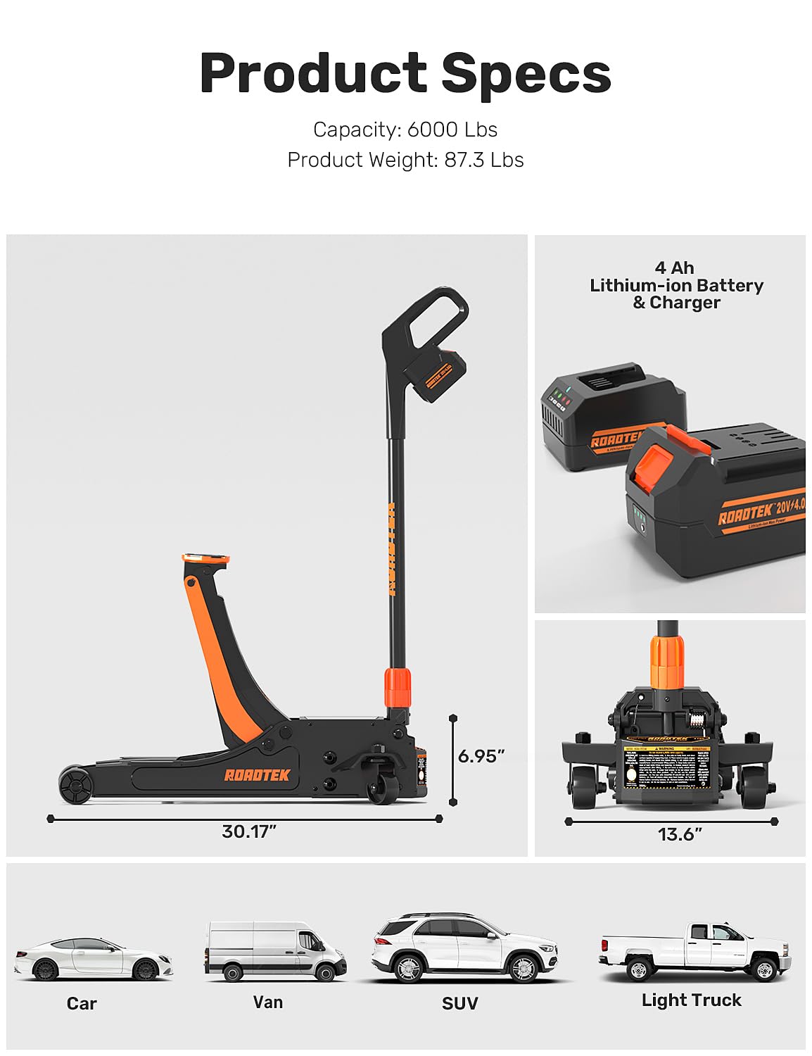 ROADTEK 3 Ton Electric Floor Jack, Low Profile Jack for Quickly Car Lift, Hydraulic Service Jack, 6000 lbs Capacity. Lifting Range 3-3/8" to 20"(Caster Wheel)