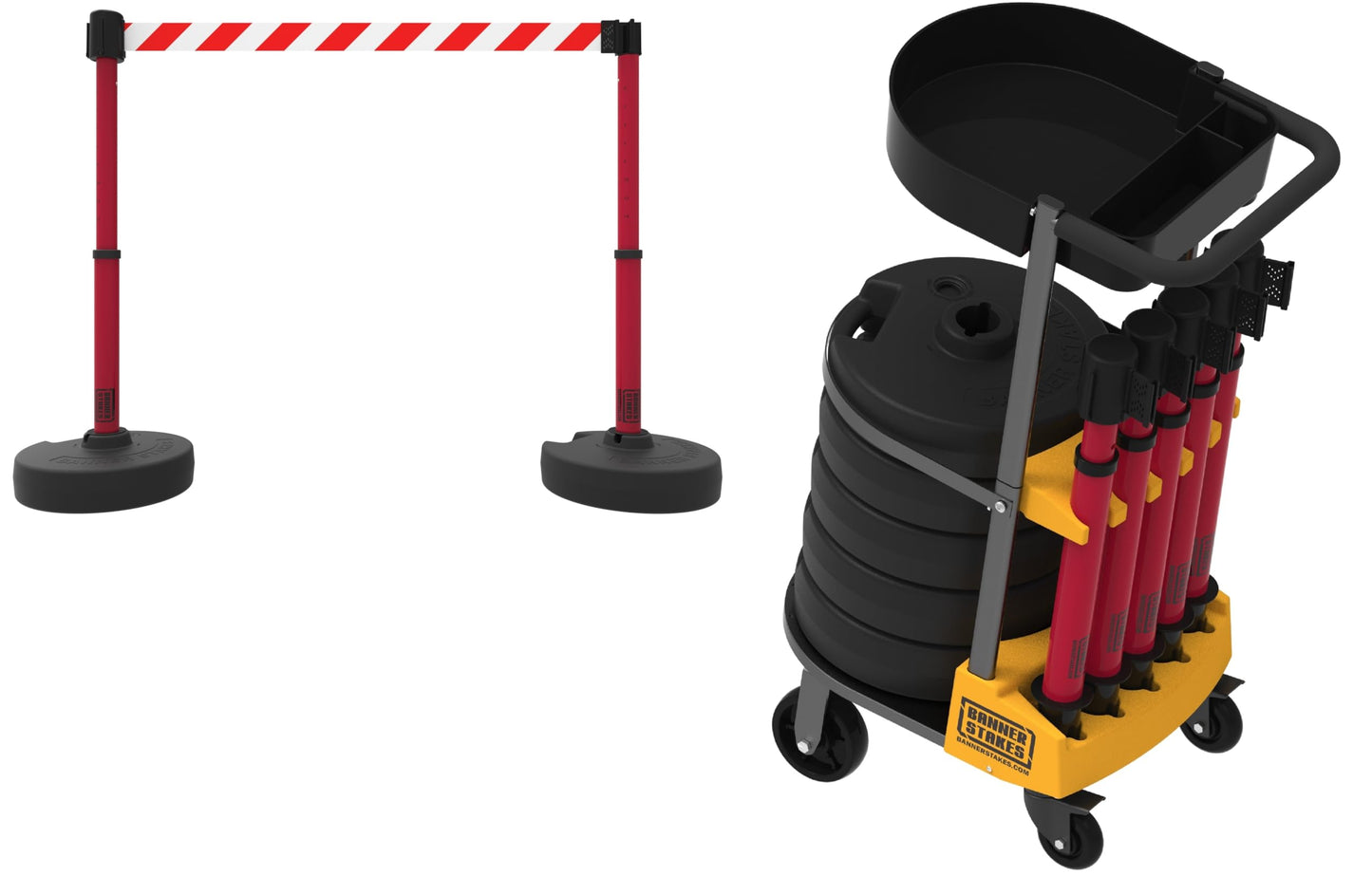 Banner Stakes Crowd Control Plus Cart Package & Accessory Tray, 75' Total Retractable Belt Barrier System - 5 Telescoping Stanchions w/ 15' Red/White Diagonal Stripe Banners (PL4014T)