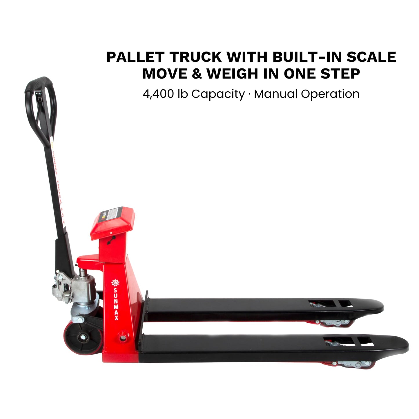 SUNMAX HD4400W Pallet Jack with Built-in Digital Scale, 4,400 lb Capacity, 27" W x 48" L Forks Manual Pallet Truck for Warehouse and Retail