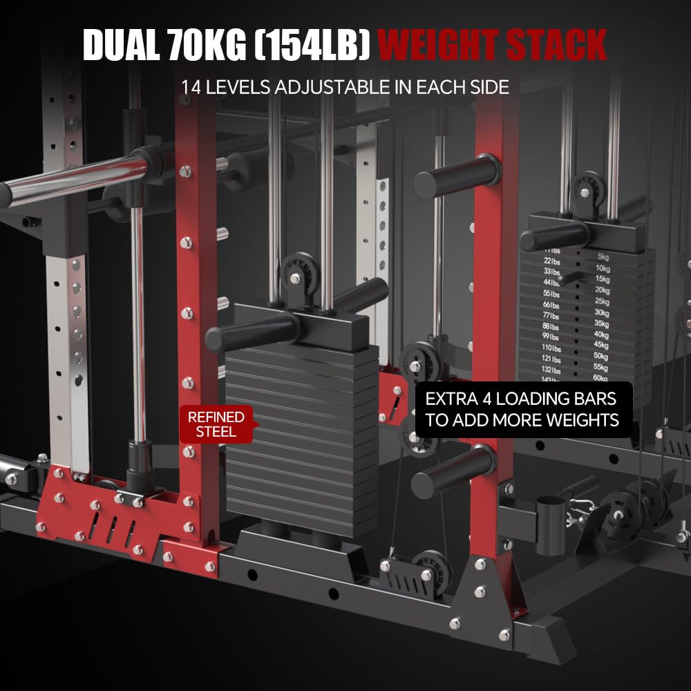 FAGUS H Commercial Smithe Machine with Preacher Curl Weight Bench Combo,4000LBS Power Cage Squat Rack with 308lb Dual Weight Stacks, Multi-Functional Cable Crossover Machine with Lever Arm, Red