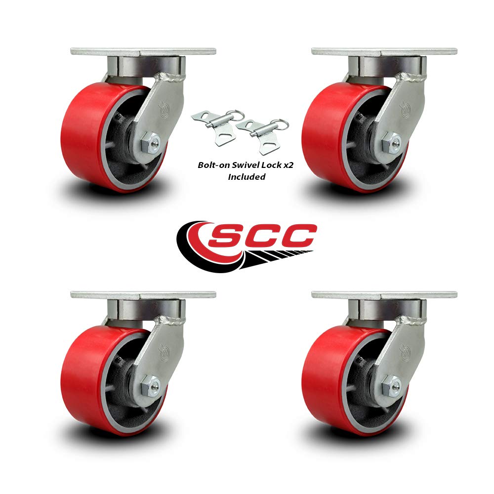 Extra Heavy Duty 6” x 3” Red Poly on Cast Iron Swivel Caster Set for Cranes, Gantries, Hoists, and Winches-4 Swivel with 2 Bolt on Swivel Locks-2,000 lbs Per Caster–Set of 4-Service Caster Brand