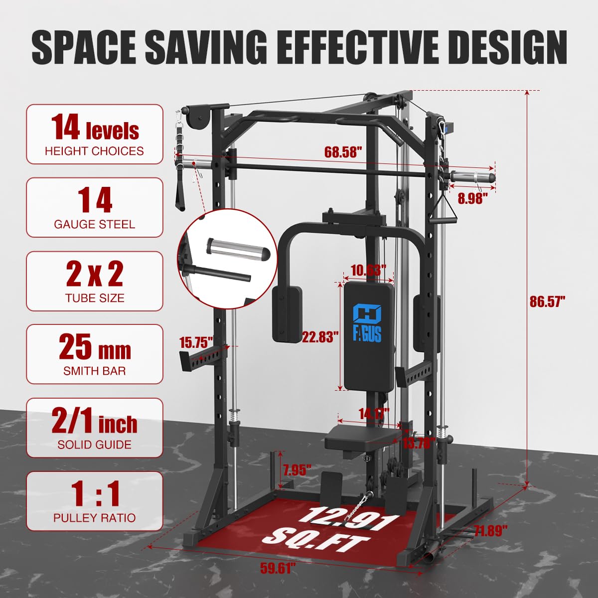 FAGUS Black Smith Machine Power Rack with Cable Crossover System & Chest Fly Station, 360° Landmine, T-Bar Row Handle, Tricep Rope, Ankle Strap, Safety Arms, Band Pegs and More Training Attachment