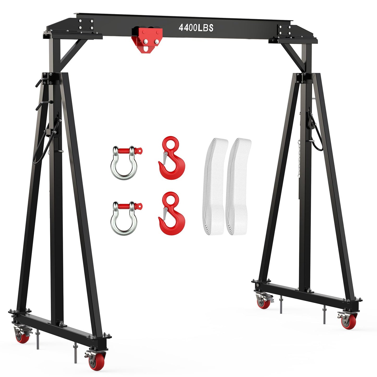 GarveeTech 2 Ton Gantry Crane 4400 LBS with Manual Trolley, Hook and Sling Strap, Height Adjustable from 97" to 141", Portable Shop Hoist with 12-Position Locking Pins, for Workshop, Garage