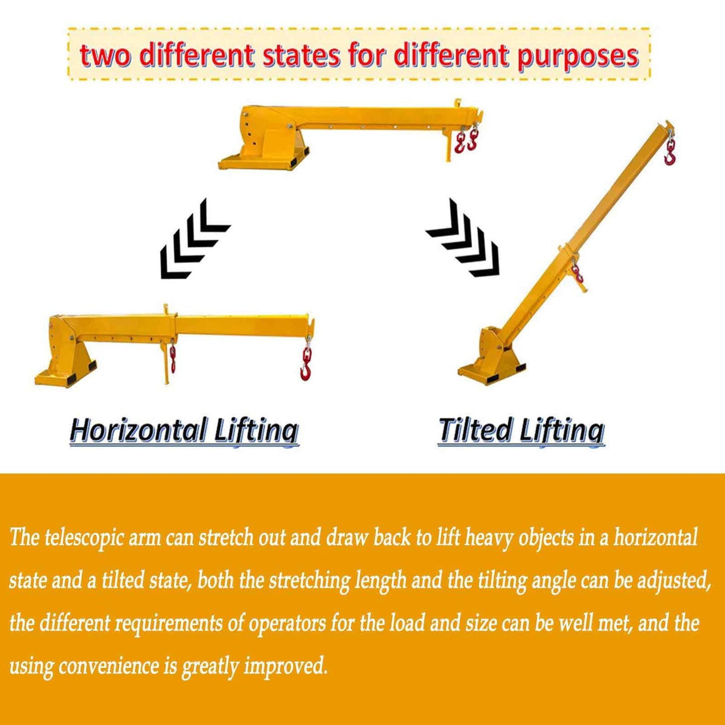 BEILOCKERY 3T/6600LBS Forklift Telescopic Arm with Adjustable Tilt Angle 0-75°, 7-12FT Mobile Crane Lifting Hoist Truss Jib Boom with Hook, Multi-Functional Accessories for Forklifts Cranes