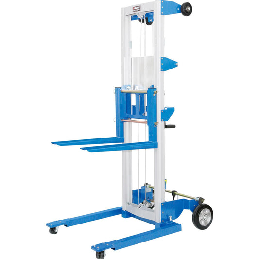 Global Industrial Lightweight Hand Operated Lift Truck with Straddle Legs, 400 Lb. Capacity, 120" Lift Height, for Lifting & Moving Pallets Boxes Bins and More