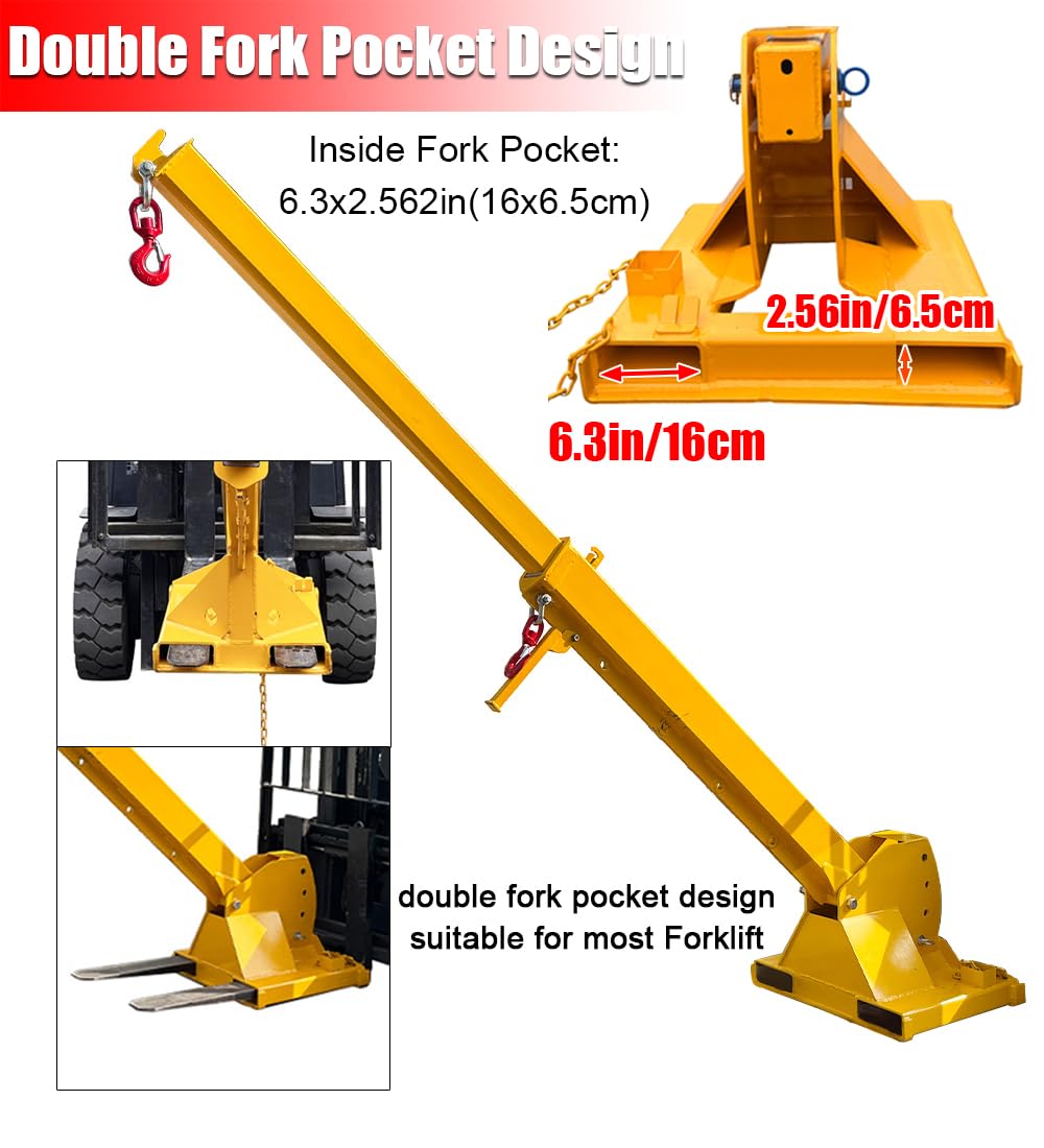 EQCOTWEA 3-Ton Forklift Jib Boom Crane Attachment, Adjustable 0-75° Tilt Angle Forklift Telescopic Arm, 7-12ft Telescopic Arm, 2 Hooks, Compatible with Forklifts & Material Handling Equipment