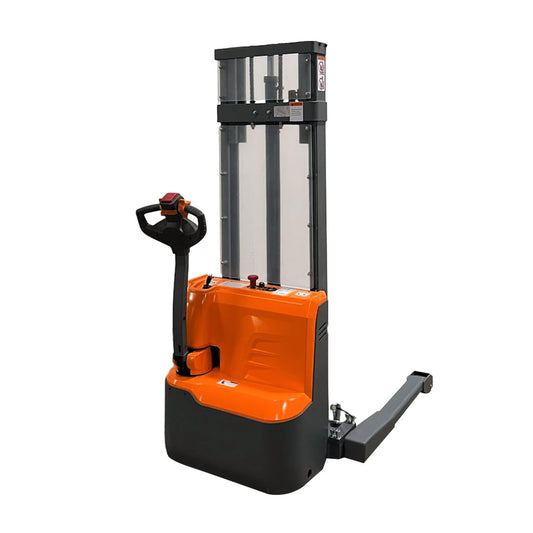 Tory Carrier Full Electric Stacker Walkie Material Lifts with Straddle Legs 118inches Lifting Height with Adjustable Forks 2640lbs Capacity