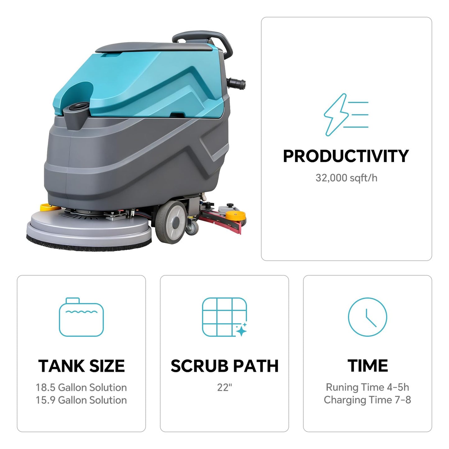 KARHDIR Industrial Walk Behind Floor Scrubber Machine 22" Cleaning Width 31.5" Suction Width 32000 Sqft/h,5 Hours Runtime 18.5 gal Sewage Tank,for Warehouse Schools Garages Hospital