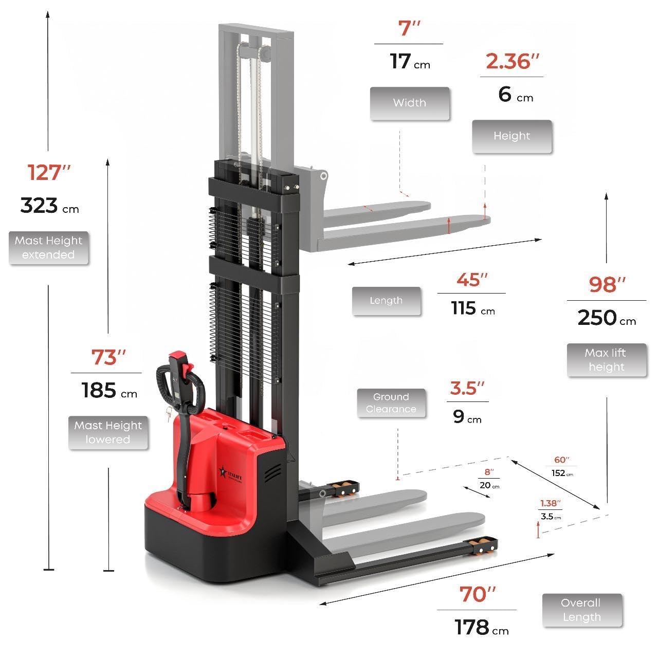 TEXLIFT Full Electric Forklift Walkie Pallet Stacker 3300 Lb Capacity 98 Inch Lifting Height and Full Electric Power Pallet Jack 3300 Lb Capacity 48” L x 27” W Fork Size