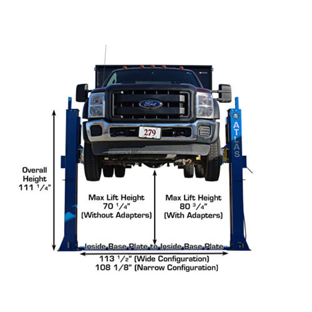 Atlas Automotive Equipment BP12000X 2-Post Commercial Grade Vehicle Lift, Baseplate, Open-top Style, 10’4” Minimum Ceiling Height, 12,000lb Capacity, 3-Stage Symmetric Arms, For Low Ceiling Garage Use