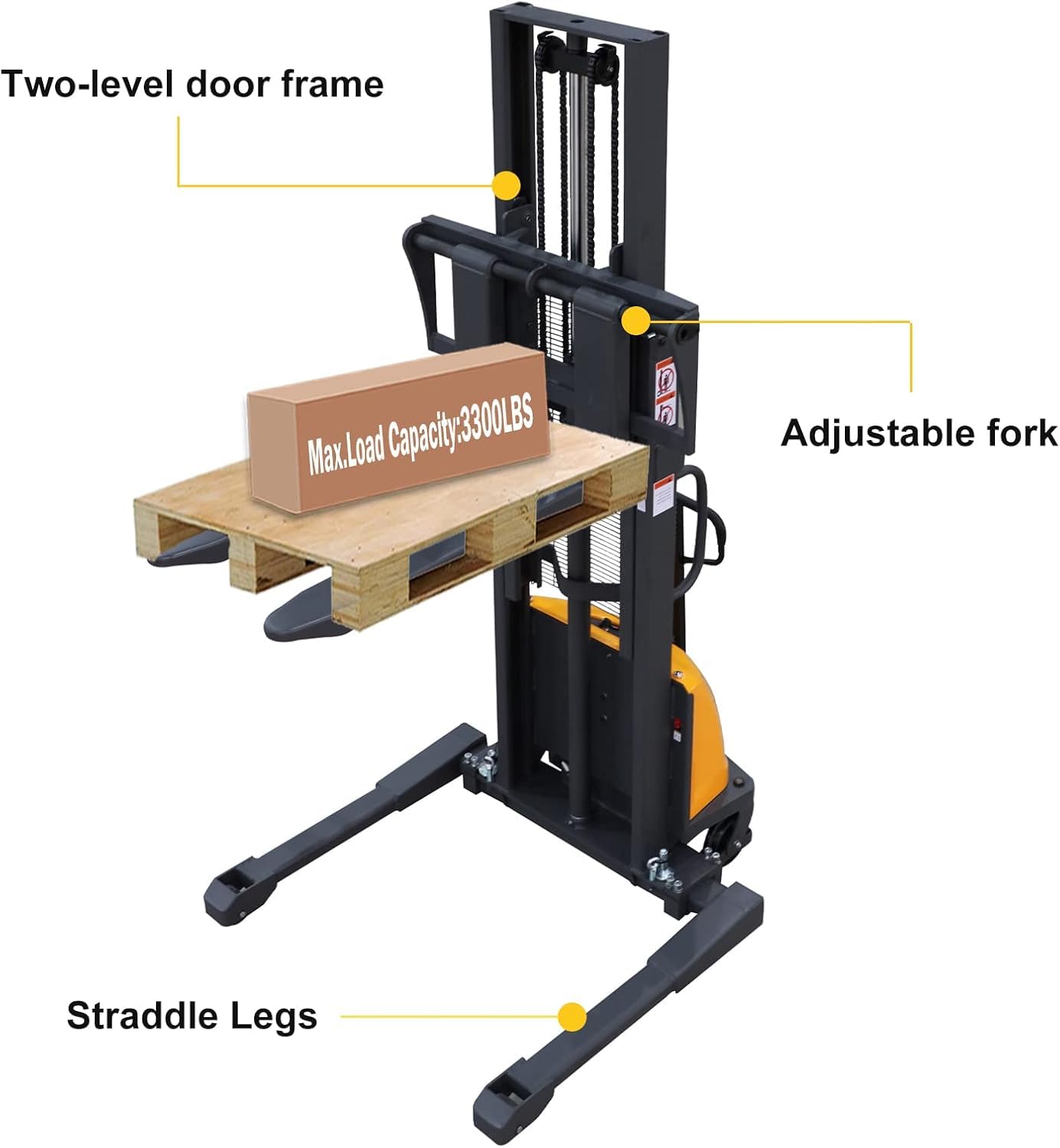 APOLLOLIFT Semi-Electric Stacker, Pallet Stacker 3300 lbs Capacity 118" Lifting Height, with Straddle Legs and Adjustable Forks