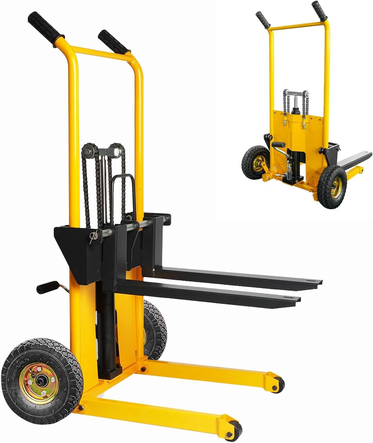 Legines Foldable Hydraulic Material Lift Manual Lift Stacker Forklift Pallet Stakcer 450 lbs Capacity 36" Lift Height with Adjustable Forks and Fixed Legs (Pneumatic Tire Wheel)