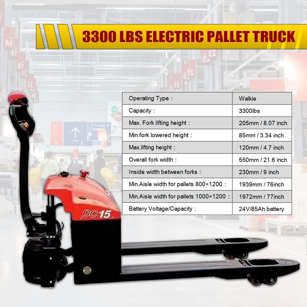 Fworkleft Semi-Electric Pallet Jack, 3300 lbs Capacity, Lithium Battery Powered Pallet Truck with 48" x 27" Forks, Electric Drive & Manual Lift for Warehouse, Shop & Garage
