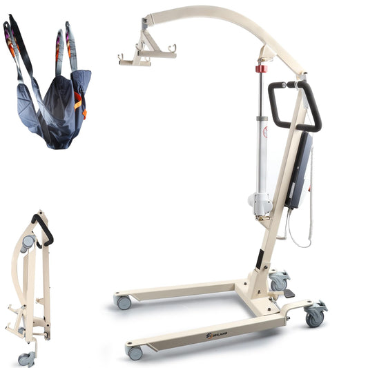 WHLICKS Electric Patient Lift with Divided Leg Sling – 400LBS Heavy Duty Transfer Chair for Elderly, Full-Range Open Base Slides Under Bed/Chair, Fast Folding Homecare Lift with Braked Casters