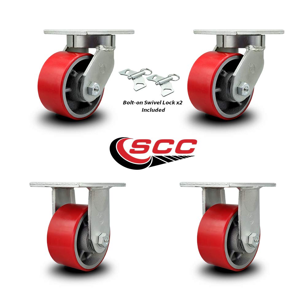 Extra Heavy Duty 6”x3” Red Poly on Cast Iron Swivel Caster Set for Cranes,Gantries,Hoists,and Winches-2 Swivel with Bolt-On Locks and 2 Rigid -2,000 lbs Per Caster-Set of 4 - Service Caster Brand