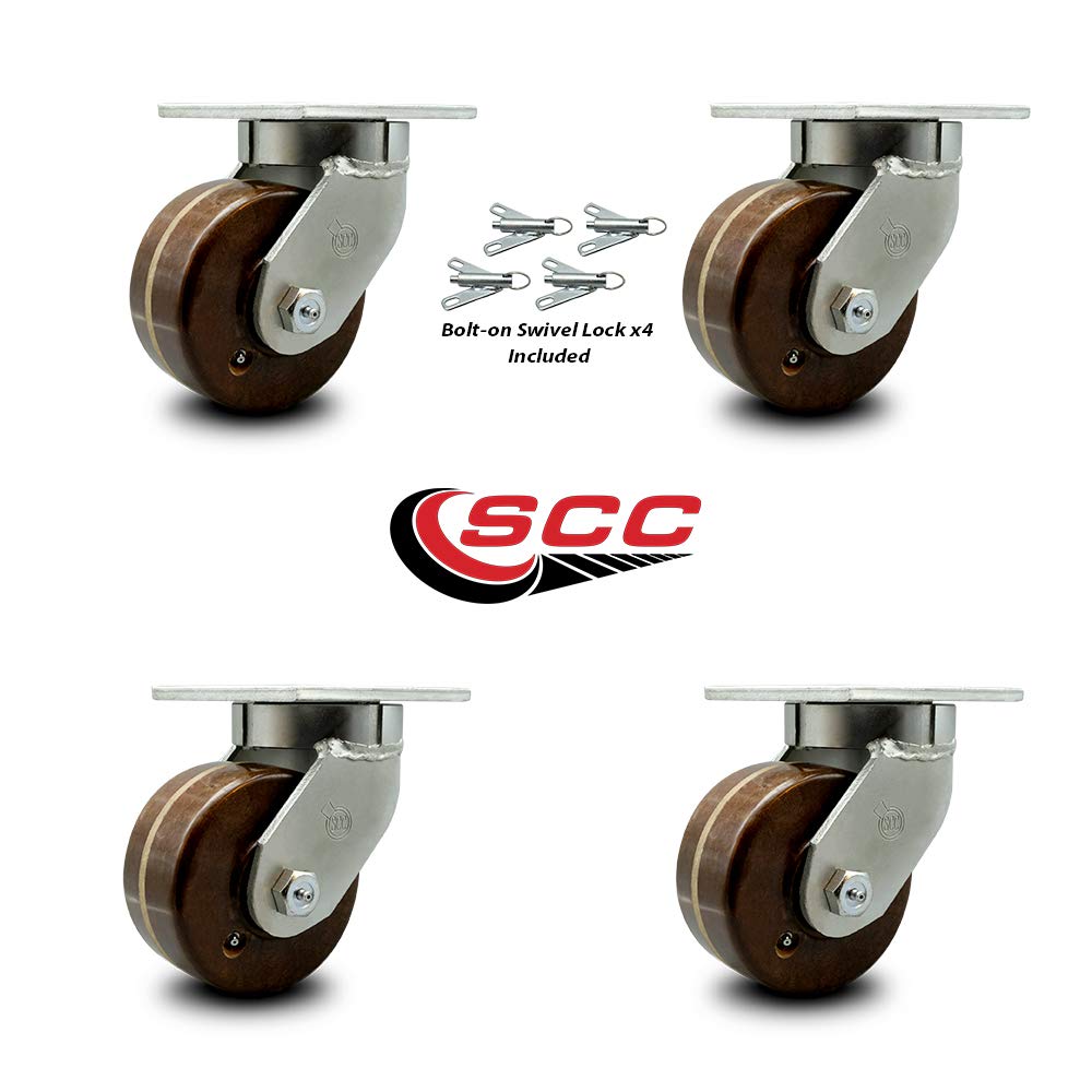 Extra Heavy Duty 6” x 3” High Temperature Phenolic Swivel Caster Set for Cranes, Gantries, Hoists, and Winches - 4 Swivel Casters with Bolt-On Locks-2,000 lbs Per Caster–Set of 4-Service Caster Brand