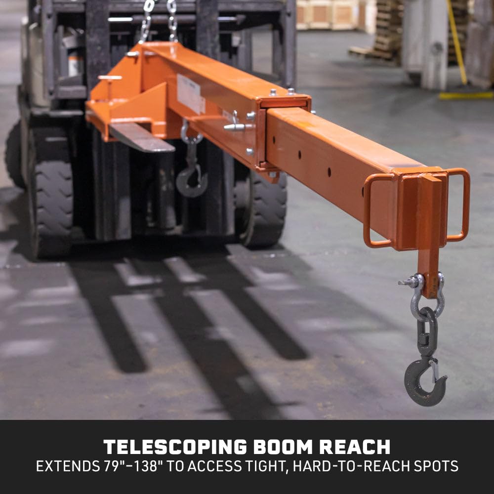 Titan Attachments Fork-Mounted Adjustable Hoist Jib Boom Crane, Manual Telescoping Boom Extends Up to 138", 6,600 LB Lift Capacity, Two Swivel Hooks, Adjustable Hook Points